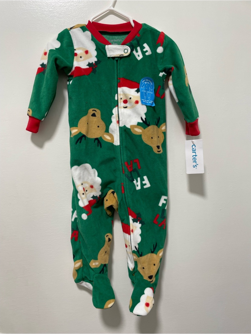 Carter's Green Santa & Reindeer Holiday Footed One-Piece NEW